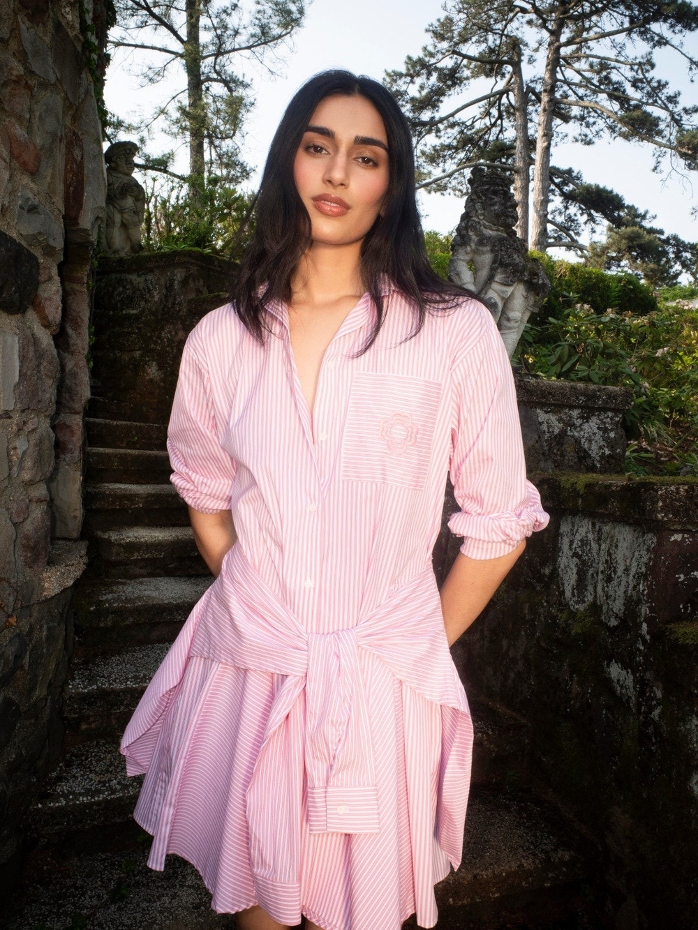 Maje Pink and White Striped Mini Shirt Dress